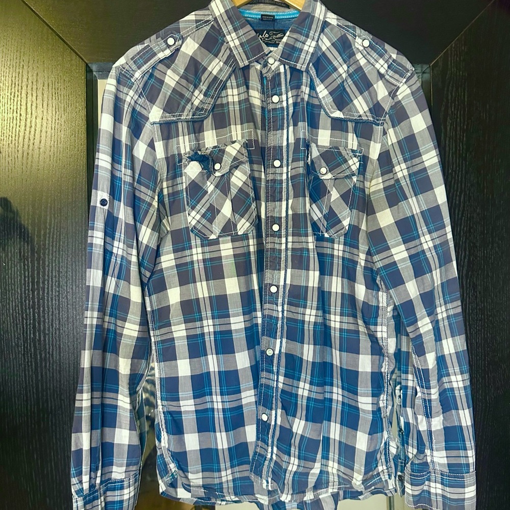 Buffalo - Blue and White Plaid Men's button down Shirt